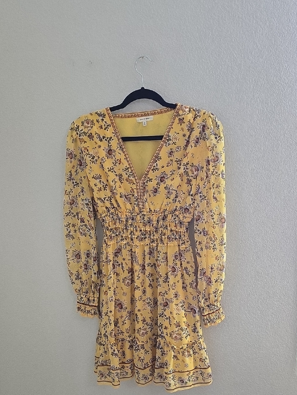 Max Studio Yellow Floral Long-Sleeve V-Neck Dress